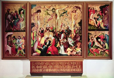 The Crucifixion, Triptych with Side Panels Depicting Scenes from the Passion by German School